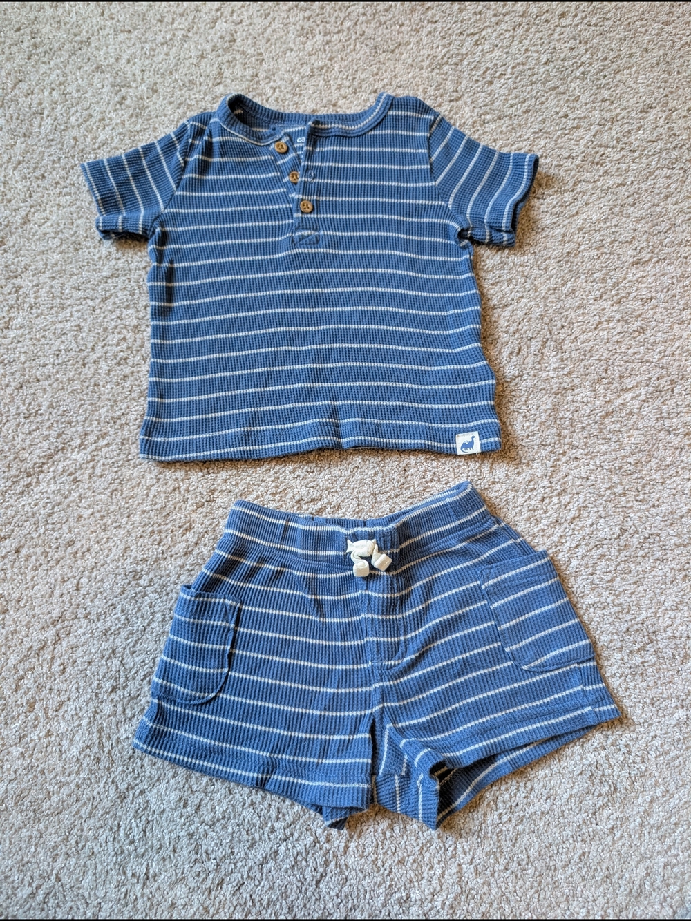Carter's Blue and White Striped Knit Henley Two-Piece Set - Size 12 Months
